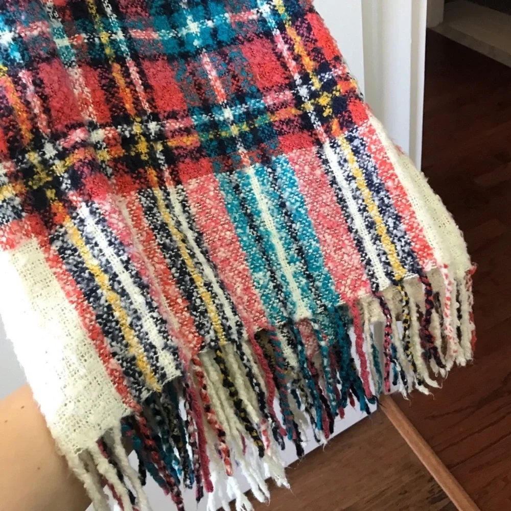 American Eagle chenille tartan plaid blanket scarf wrap with fringe